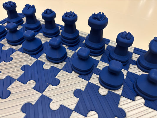 Navy and Silver Puzzle Chess Set (Large 3D Print) Great Gift for Columbia College Fans